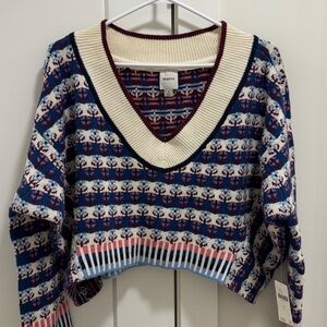 Maeve Blue and Cream Patterned V-Neck Sweater